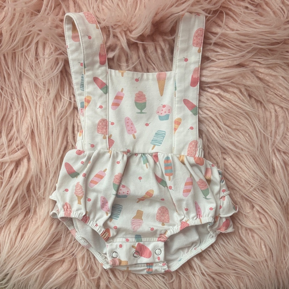 Ice Cream Print Ruffle Suspender Baby Romper - Pastel Multi